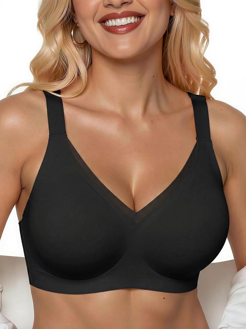 PoseFree Womens Wireless Bras Supportive Tshirt Bra No Underwire Seamless Push Up V Mesh Comfortable Bralette Everyday Bras (Medium, Black)