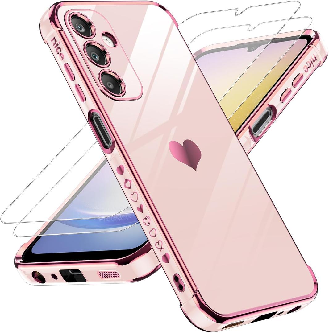 LeYi for Samsung Galaxy A25 5G Phone Case: with Tempered Glass Screen Protector [2 Pcs]+ Full Camera Lens Protection, Love Heart Plating Women Luxury Soft TPU Shockproof Case for Samsung A25 5G, Pink