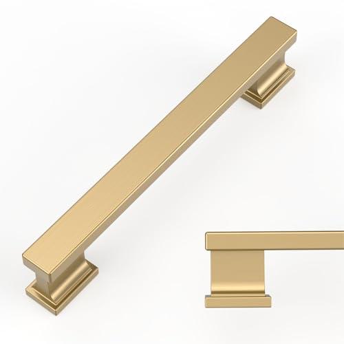 Amerdeco 10 Pack Champagne Bronze Cabinet Pulls 5 Inch(128mm) Hole Center Kitchen Cabient Hardware Brushed Brass Cabinet Handles Gold Drawer Pulls ZH00013