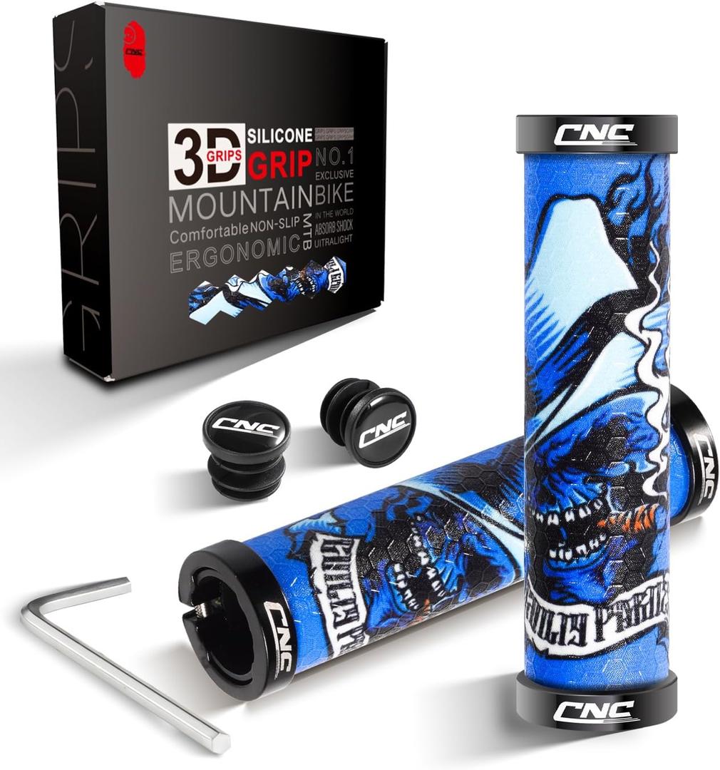 CNC Mountain Bike Handlebar Grips,Silicone Bike Grips for MTB/BMX/Bicycle-Double Lock on Locking Design Bicycle Handlebar Grips. (Blue Pirates)