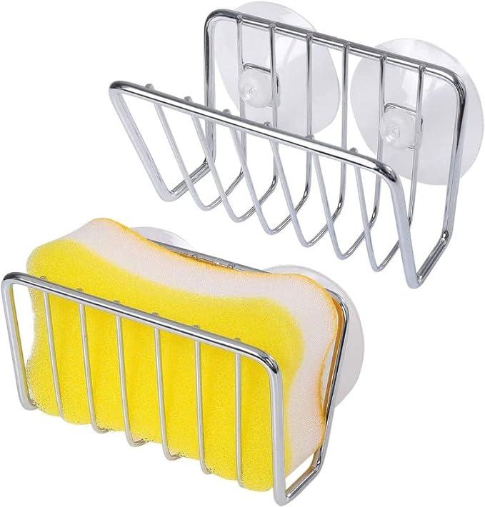 Toplife Sponge Holder for Kitchen Sink, Stainless Steel Suction Cup Sponge Caddy - Silver - 2 Pack