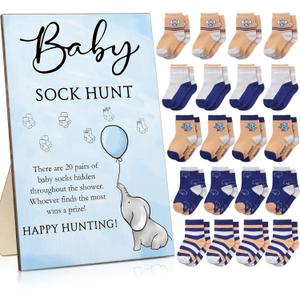 Hoteam 21 Pcs Baby Shower Games Include Baby Sock Hunt Sign and 20 Pair Small Cotton Socks Wooden Table Sign with Holder for Gender Reveal Party Favors(Lovely Style)