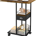 Rolling C-Shaped Side Table with Wheels and Oversized Wood Top, Mobile Overbed Stand with Drawer for Bed or Sofa, Metal Frame Couch Companion for Living Room, Bedroom, or Home Office (Large Desktop)