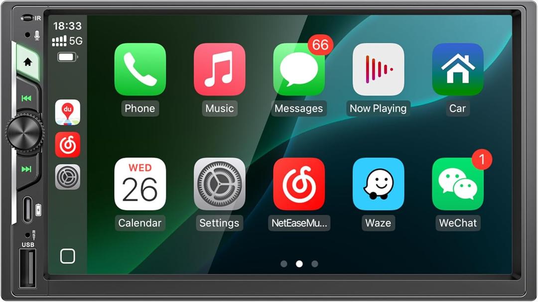 7'' Double Din Car Stereo with Wireless Apple CarPlay & Android Auto, Wireless Airplay & Mirror Link, 1024x600 HD Touchscreen, 240W, Bluetooth, 12-LED Waterproof Backup Camera, Steering Wheel Control