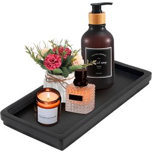 Acacia Wood Decorative Vanity Tray - 11.8 x 5.9 inches Suitable for Countertop Bathroom Sink Dresser Toilet Tank - Modern Decor Tray for Keys Wallets Towels Perfumes Plant Pots (Black)