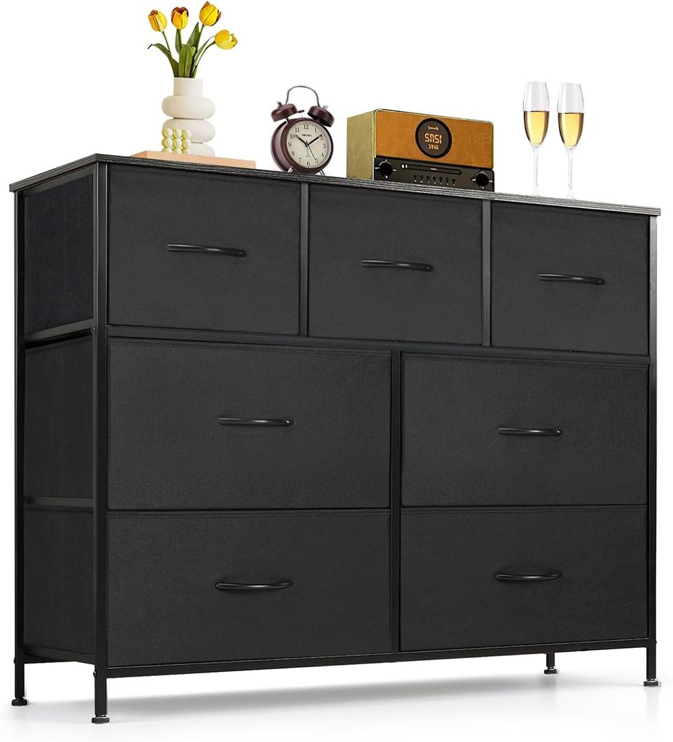 7-Drawer Dresser for Bedroom, Anti-Tip Wide Storage Organizer Fabric Chest of Drawers TV Stand for 45" TV with Wooden Top and Metal Frame for Closet, Living Room, Hallway, Entryway, Black