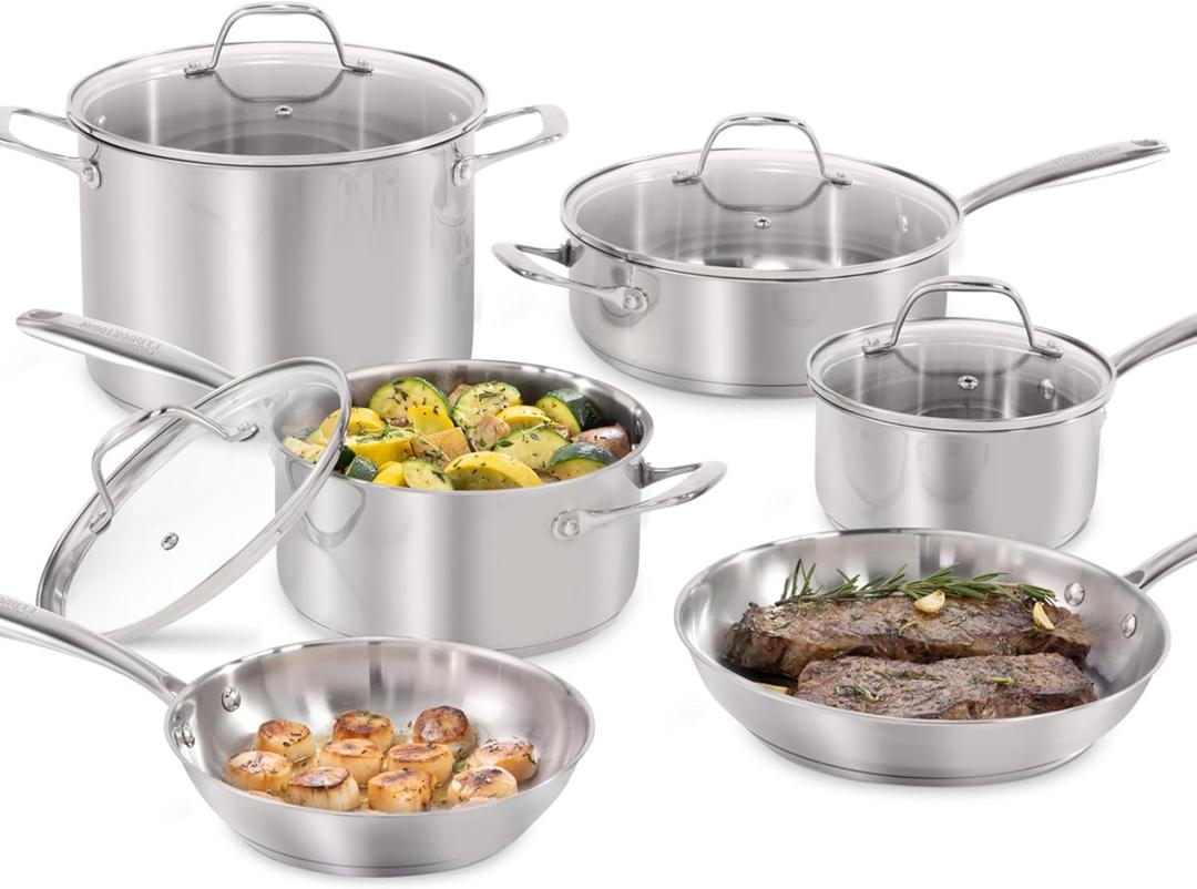Guy Fieri's Flavortown 10-Piece Stainless Steel Cookware Set - Includes Frying Pans, Saucepans, Saute Pan and Stock Pot - Non-Toxic, Oven-Safe up to 500F