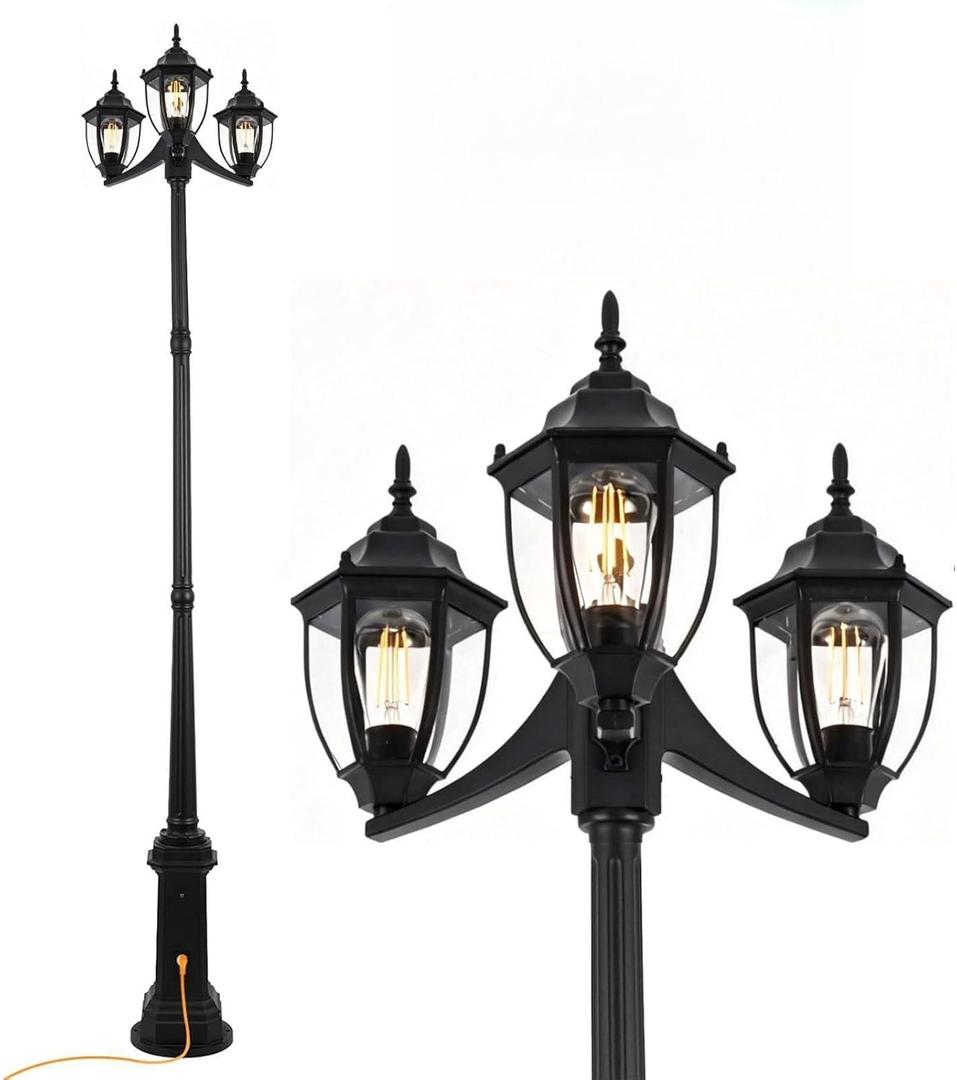 Outdoor Post Light Dusk to Dawn Sensor 3-Head Outdoor Lamp Post with Outlet Gfci, Anti-Rust Aluminum Waterproof Street Lamp Posts Outdoor Lighting for Outside Patio Yard Backyard