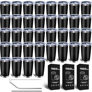 36 Pack, 20oz Stainless Steel Bulk Tumblers with Lids and Straws, Leakproof Double Wall Travel Mug for Hot/Cold Drinks, Home Office Outdoor Party Use, Durable Powder Coated Insulated Cup/Black