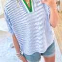 Samefar Womens Short Dolman Sleeve Tops Striped V Neck Summer Casual Loose Fit Blouses Business Tee Shirts Dressy (XL)