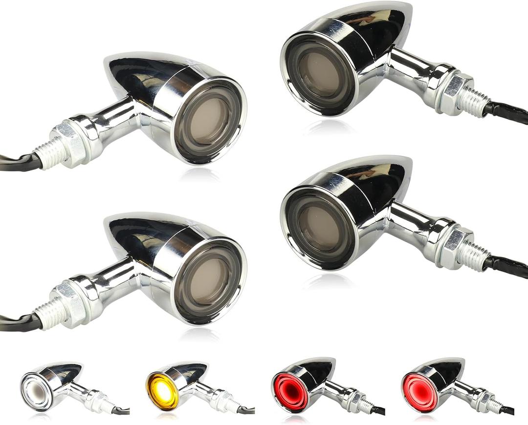 Motorcycle Front Rear LED Turn Signals Universal Bullet Tail Lights Chrome Brake Taillights Motorbike Running Light Compatible with Honda Harley Suzuki Yamaha Kawasaki