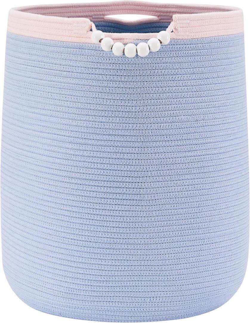 90L Large Blue Woven Rope Laundry Hamper Basket for Clohtes Boho Tall Rope Baskets for Blanket Baby Nursery Hamper for Girls Kids 17"Wide 22"Tall