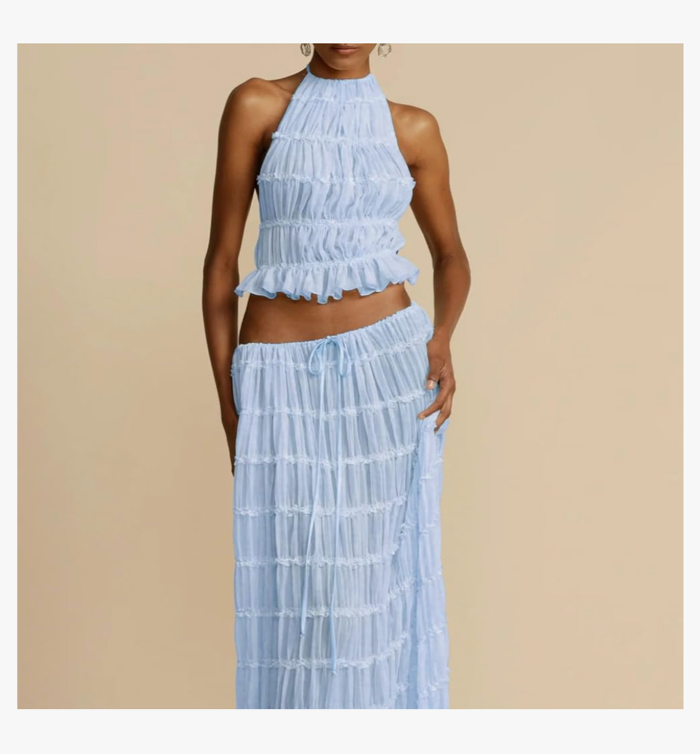 Women Sexy Halter Neck Tiered Pleated Crop Camisole Sleeveless Backless Slim Fit Lace Trim Ruffle Crop Tank Top