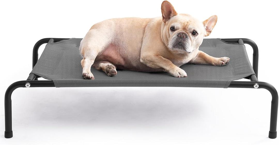 EHEYCIGA Elevated Dog Cot Bed Medium Size Dog, Raised Outdoor Dog Hammock, Lifted Pet Platform with Frame and Washable Waterproof Cooling Teslin Mesh and Anti-Slip Feet, 35x22 inch (Grey)