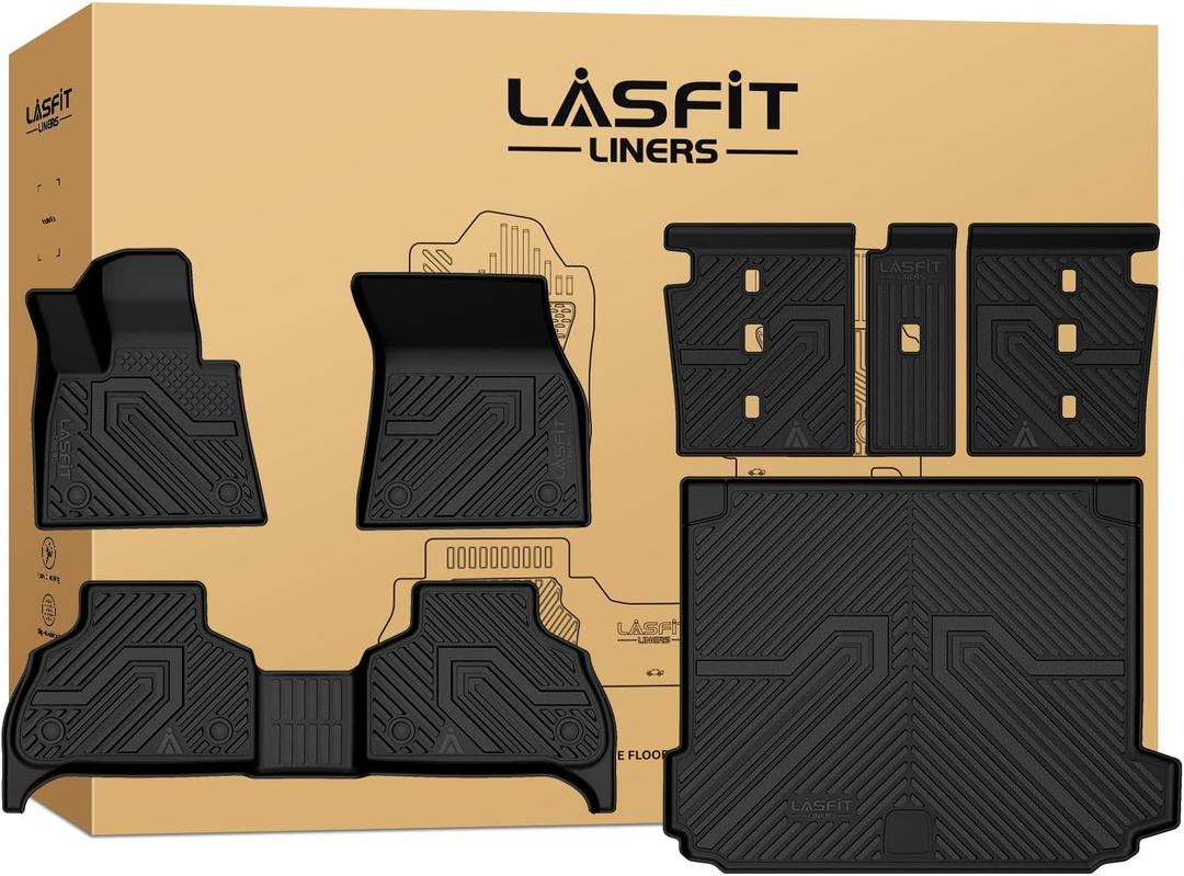 LASFIT Floor Mats&Cargo Mat&Backrest Mats for BMW X5 2019-2025 2026 PHEV(xDrive 50e), Not for Gas, All Weather TPE Custom Fit 1st&2nd Row Full Set Car Mats & Trunk Liner(Only Fit 5 Seats), Black