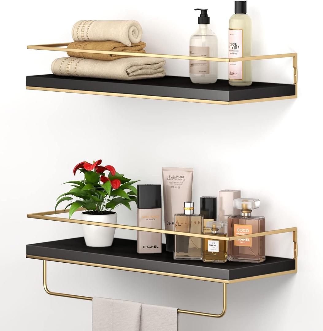 Shario Black Floating Shelves - Set of 2, Wall Mounted Hanging Shelves with Golden Towel Rack, Decorative Storage Shelves for Bathroom, Kitchen, Living Room & Bedroom (Black)