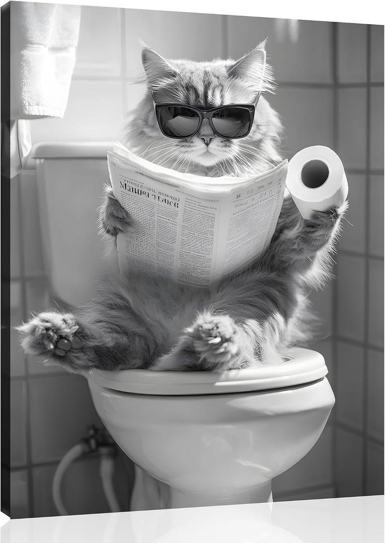 Cat Bathroom Canvas Wall Art Funny Animal Bathroom Wall Art Cat on the Toilet Painting Black and White Animal Toilet Pictures for Bath Restroom Wall Decor Framed 8X10 inch