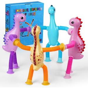 4PCS Dinosaur Pop Sensory Tube,Airplane Travel Toys for Toddlers Kid Boys Girls Year Old Ages 3+ ADHD Autism Plane Road Trip Activities Essential Suction Cup Pop Dino Fidget Toys Autistic Gifts