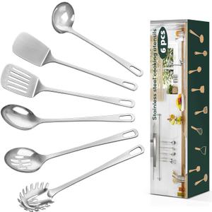 6 Pcs Cooking Utensils Set, Stainless Steel Kitchen Utensils, Heat Resistant Metal Kitchen Tools Include Solid & Slotted Turner Wok Spatula, Serving Spoon, Ladle, Pasta Server, Easy to Clean, Silver