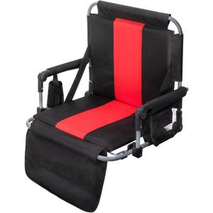 GREEN PARTY Stadium Seat for Bleachers Portable Outdoor Floor Folding Stadium Chair with Armrest, Back Support, Cup Holder, Mesh Bag and Hide Hooks (Black Red)