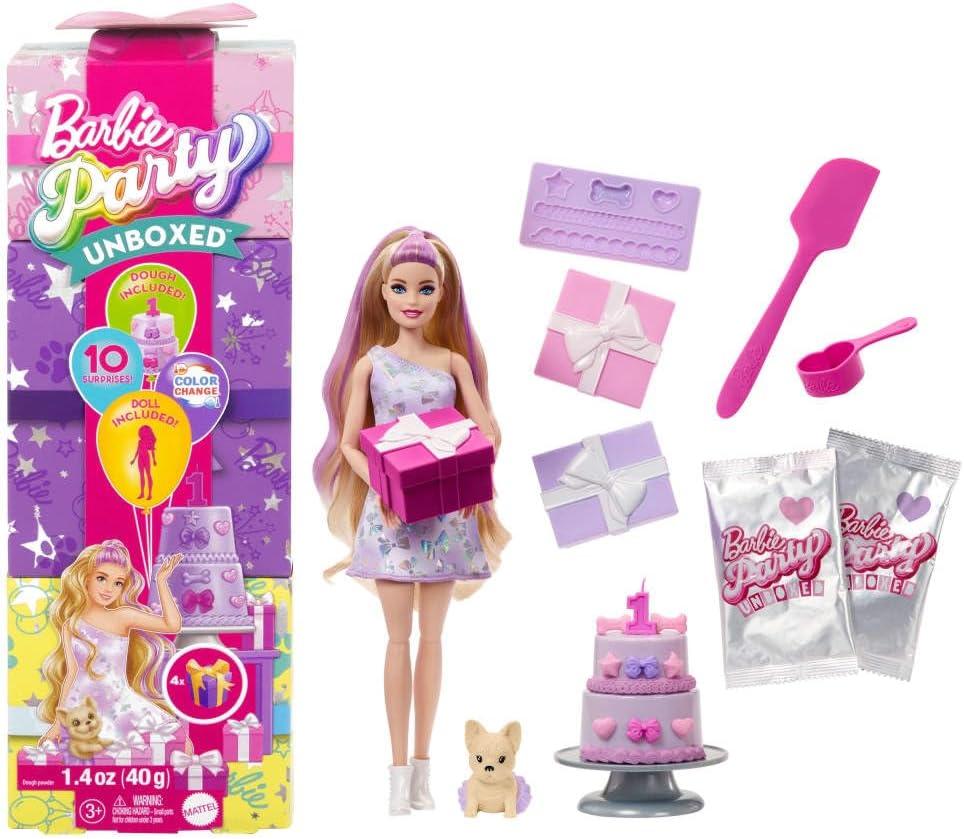 Barbie Party Unboxed Doll & Accessories, Pet Birthday Series Birthday Bows Set with 10 Surprises Including Color Change & Cake-Decorating Activity (Purple)