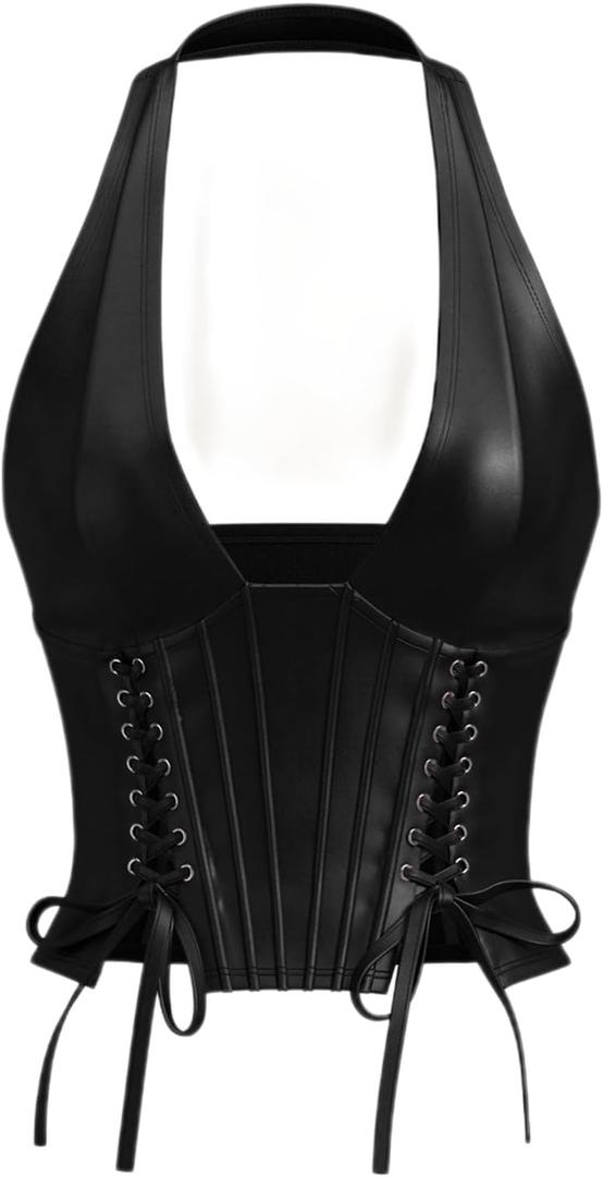 WDIRARA Women's Pu Leather Sleeveless Halter Tops Lace Up Backless Crop Corset Top Sexy Clubwear (Medium, Black)