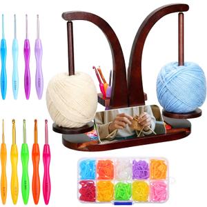 Yinkin Wooden Yarn Holder for Crocheting and Knitting, Magnetic Rotating Yarn Ball Holder with 2 Spindles and Crochet Hook, Stitch Markers for Knitting & Crocheting, DIY Lovers Crafts
