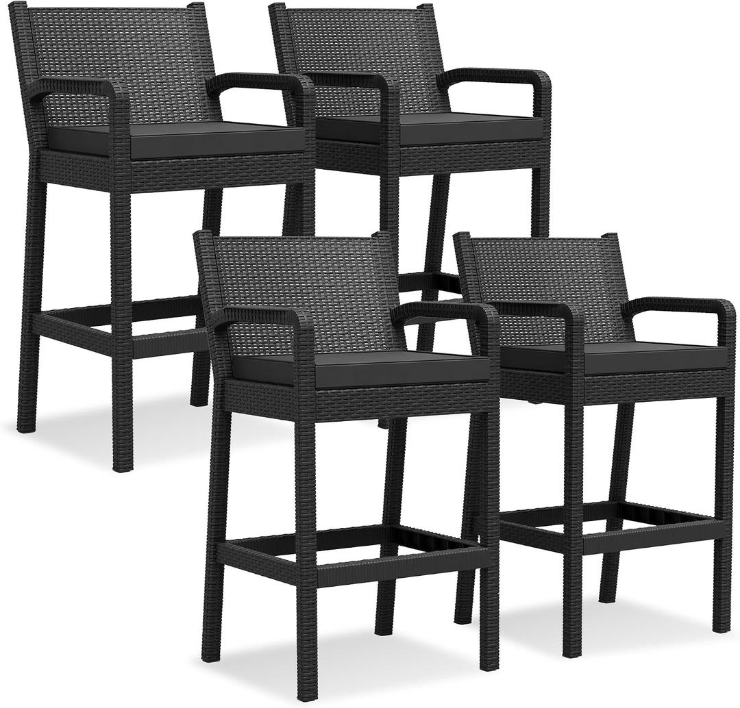 Patio Wicker Bar Stools Set of 4, 30'' Outdoor Counter Height Barstools with Thickened Cushions, All-Weather Wicker Rattan Bar Chairs with Backrest & Footrest for Backyard, Pool, Balcony, Black