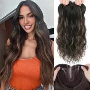 Hair Toppers for Women, 20 Inch Hand Tied Breathable Toppers Hairpieces for Women with Thinning Crown Middle Part Bangs Mix Human Hair Wavy Curly Lightweight Wiglets (Dark Brown Mixed Chestnut) (3D Side Bangs)