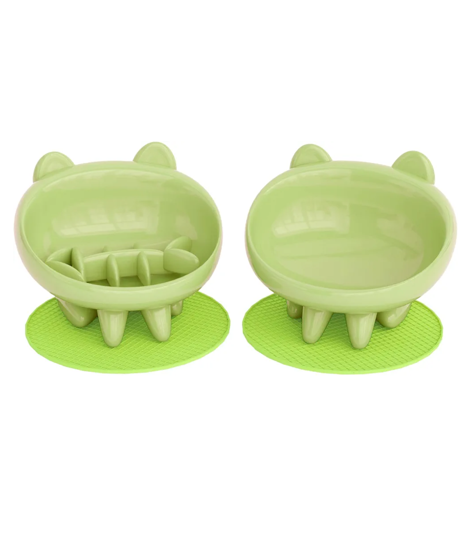 Cat Bowl, Raised Slow Feeder, Inclined Anti-Vomiting Cat Bowl with Non-Slip Mat, Moustache Friendly, Cat Food Dish (Green)