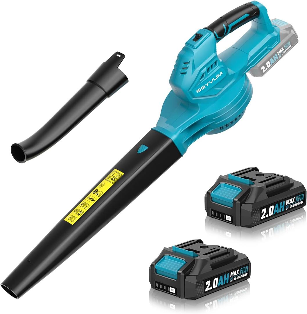 SEYVUM Leaf Blower, 20V Cordless Blower with 2 x 2.0Ah Battery, Electric Leaf Blowers for Lawn Care, 350 CFM 150 MPH Battery Powered Leaf Blower, for Patio, Garden Cleaning, Fast Charger, Blue