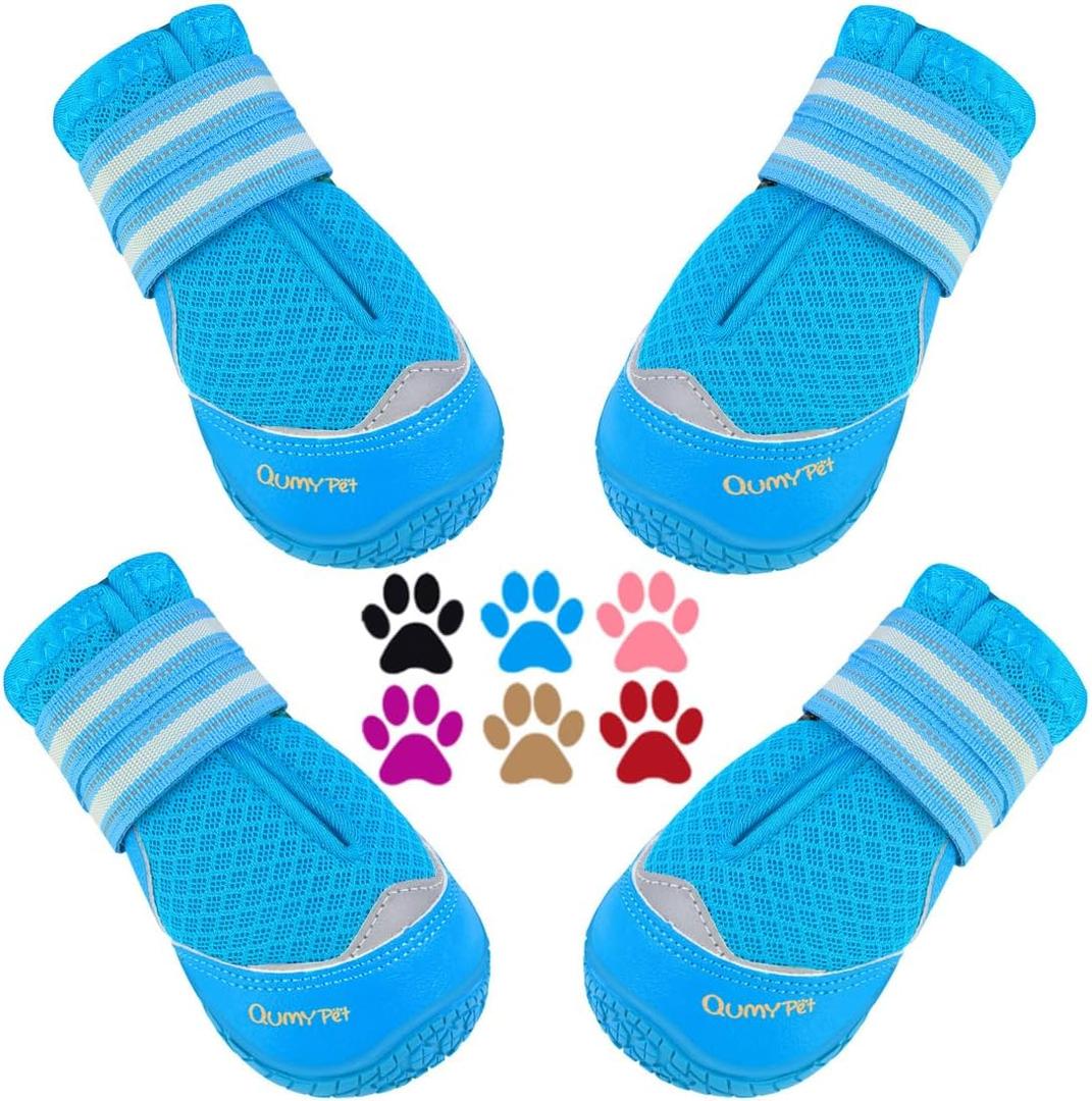 QUMY 4PCS Dog Boots for Large Dogs, Medium Dog Shoes & Paw Protectors for Hot Pavement, Summer Heat Protection, Mesh Breathable Nonslip Dog Booties for Hardfloors, Walking Running Hiking Blue Size 4