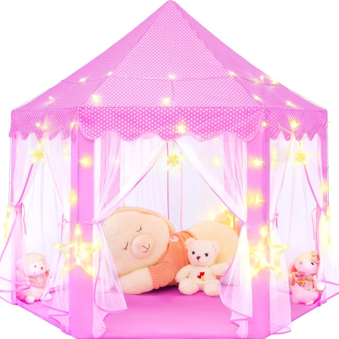 Pink Princess Tent for Girls, Kids Play Tent with LED Large Star Lights, Castle Playhouse Tent for Children Toddlers Indoor Outdoor Games, 55×53 Inches