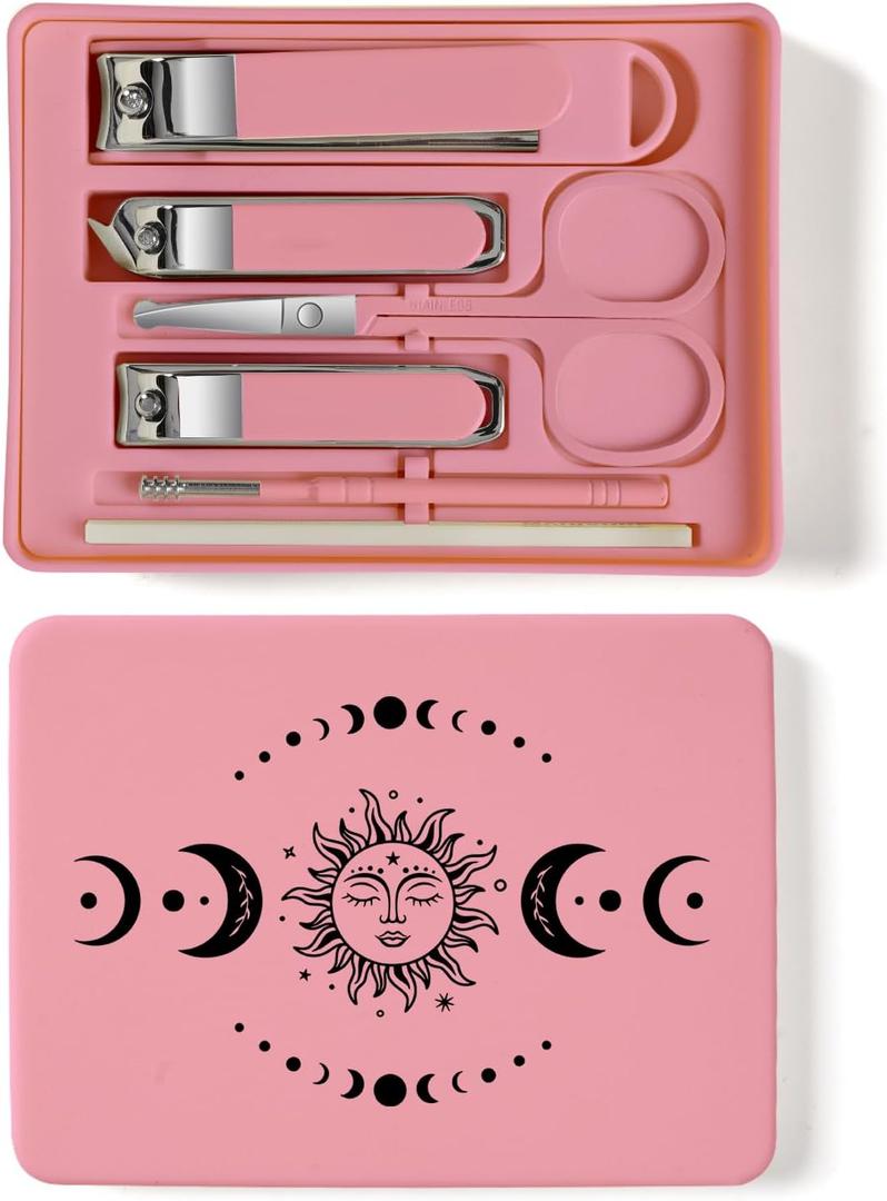 6-Piece Nail Clipper Set with Nail File, Tweezers and ingrown toenail Removal kit Travel Nail kit for Men and Women (Moon Pink)