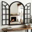 Arched Wall Mirror with Windowpane, 26"x38" Black Wood Mirror for Wall