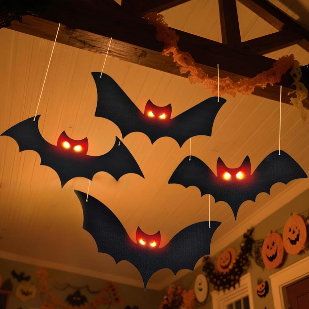 Lighted Halloween Hanging Bats, 4 Packs Halloween Decorations Outdoor Scary Large Black Hanging Flying Bat with LED Lights Spooky Glow Eyes Waterproof for Yard Sign Window Wall Decor Indoor Clearance