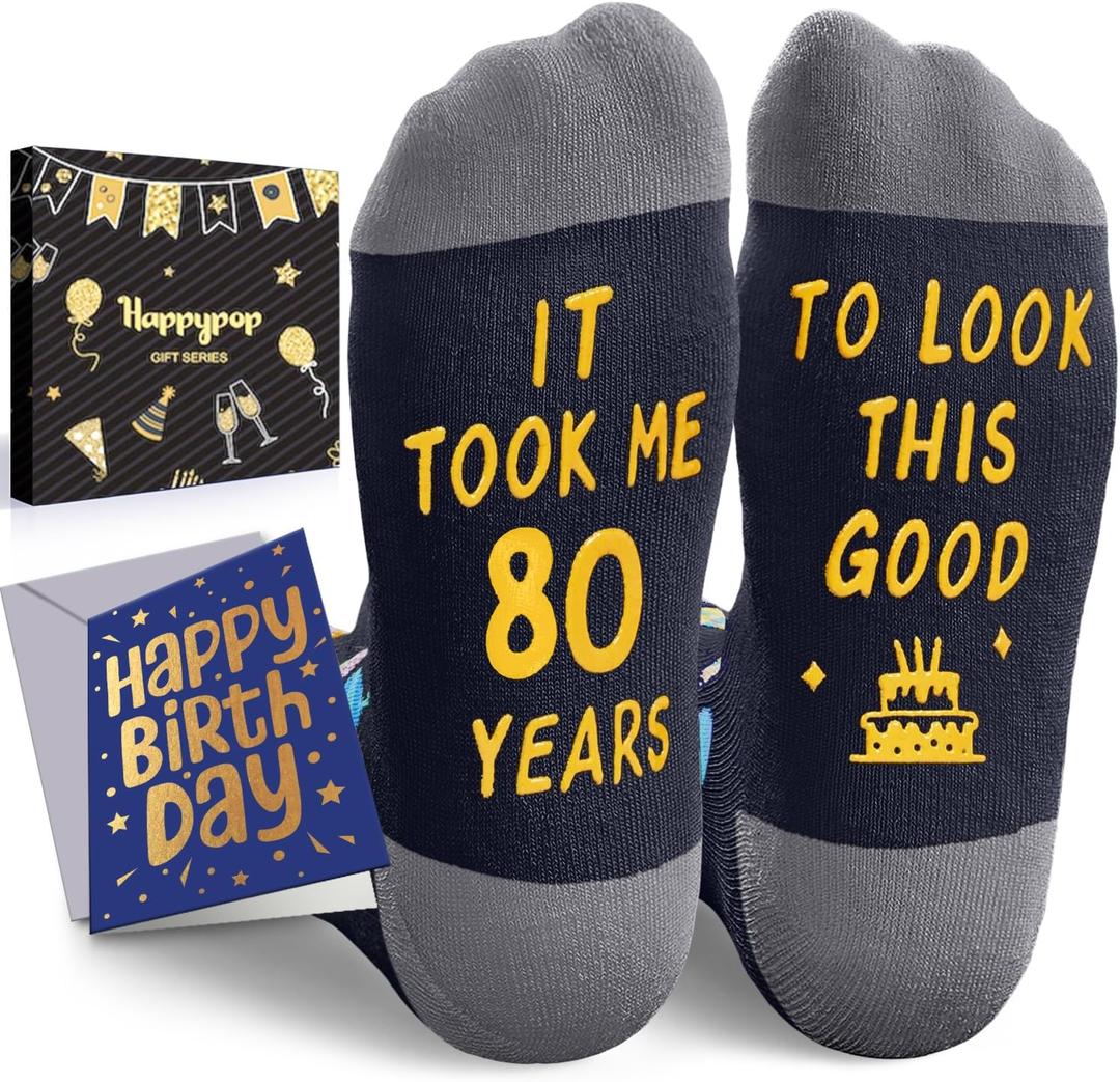 HAPPYPOP Birthday Gift Idea for Men - Socks for Senior Over 80, Present with Greeting Card (Took Me 80 Years Black)