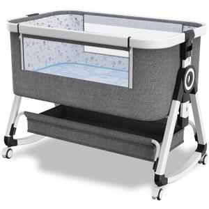 3 in 1 Baby Bassinet,Bedside Sleeper with Storage Basket and Wheels,Portable Baby Crib with Mosquito Net, 6 Adjustable Height & Breathable Mesh,Easy to Fold (White&Grey)