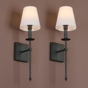 Yosoan Indoor Boho Retro Wall Sconce Set of 2, Vintage Industrial Brass Hardwired Champagne Bronze Flared Textile Fabric Shade for Bedroom Living Room Library Entry Hallway Wall Light Decor(Black)