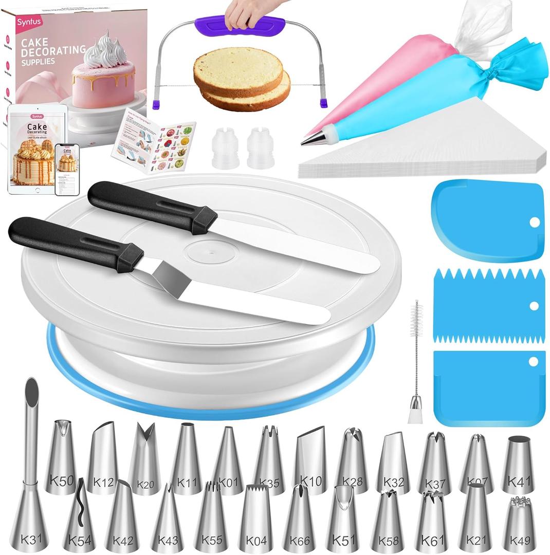 Syntus 65 PCs Cake Decorating Kit with Cake Stand Turntable, Cake Baking Supplies 30+1 Piping Bags, 24 Piping Tips, Offset & Straight Spatulas, 3 Scrapers, Leveler, 2 Couplers & 1 Tips Brush (Blue)