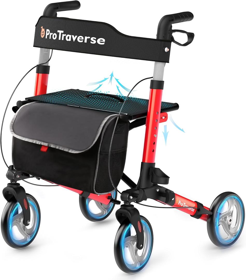 Foldable Rollator Walker with Seat, Standard Height Lightweight Rollator with Large Wheels, Folding Rolling Walker for Seniors, Walker Rollator with Seat, Red