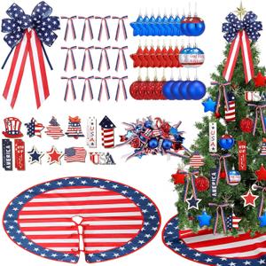 Seematn 78 Pcs Patriotic Christmas Tree Decorations Red White Blue Holiday Ornament Kit with Bows Balls Wooden Hanging Ornament Tree Skirt American Flag Xmas Decor for Christmas Patriotic Party