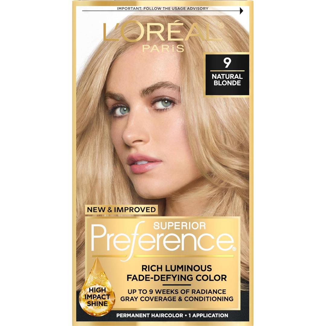 L'Oreal Paris Superior Preference Luminous Fade-Defying Permanent Hair Color, Hair Dye For Up to 9 Weeks of Radiance, Natural Blonde 9, 1 Hair Dye Kit