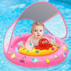Baby Pool Float with Canopy, Inflatable Baby Swim Float with UPF50+ Sun Protection, Toddler Infant Pool Float with Toy Play Console Adjustable Safety Seat for Kids Girls Boys Aged 6-36 Months (Pink)