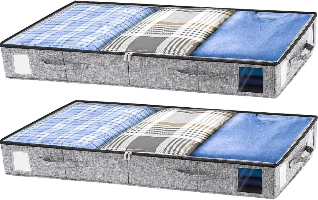 Combocube 2 Pack Under Bed Storage Containers, 4.5" Low Profile Underbed Storage Bins with Sturdy Support, Stackable Space Saving Organizer with 4 Handles & Label Windows for Shoes Clothes Blankets
