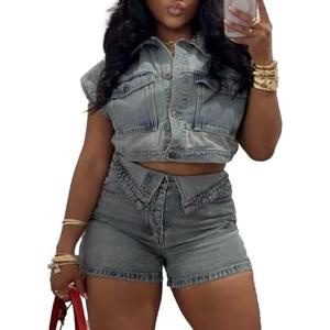 Molilove Women's Denim 2 Piece Outfits Button Down Crop Jacket and Shorts Set Summer Sexy Jeans Tracksuits, XXL