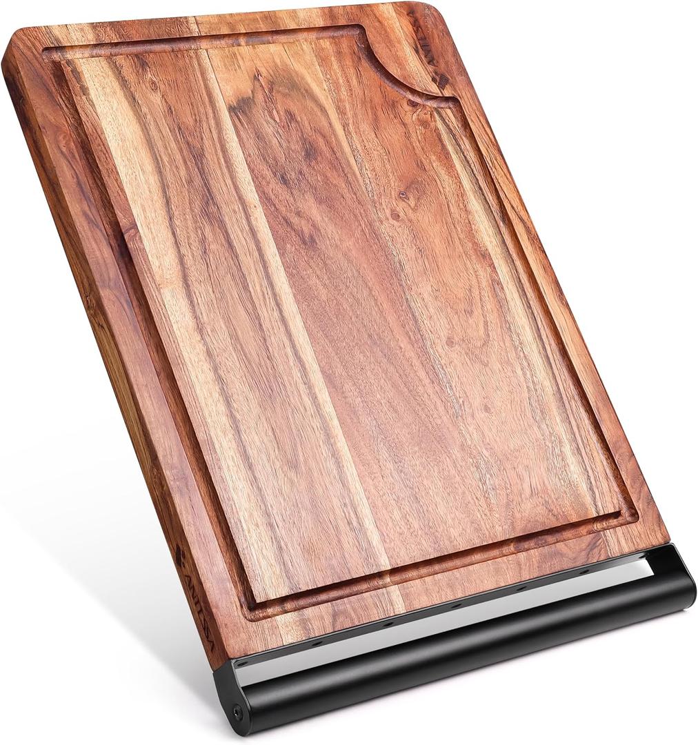 Extra Large Edge Grain Acacia Cutting Board with Metal Handle Premium Butcher Block for Kitchen Prep, Charcuterie and Serving thick Heavy-Duty Chopping Board