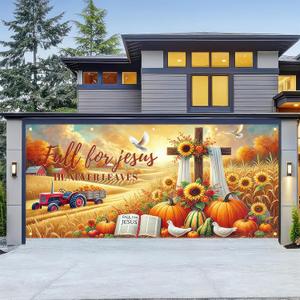 Fall for Jesus Garage Door Banner 13x6ft Thanksgiving Decor Backdrop Autumn Banner Cross Pumpkins Sunflower Photo Prop Background for Thanksgiving Yard Outdoor Harvest Scene Display Decor