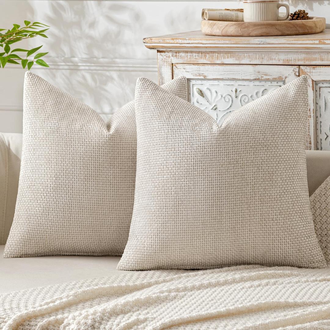 MIULEE Pack of 2 Beige Decorative Pillow Covers 18x18 Inch Soft Chenille Couch Throw Pillows Farmhouse Natural Cushion Covers for Home Decor Sofa Bedroom Living Room