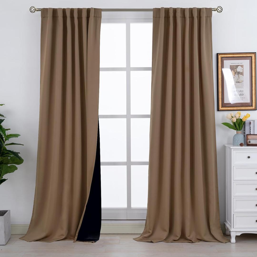 BGment 100% Room Darkening Thermal Insulated Blackout Curtains 108 Inches Long with Liner, Rod Pocket and Back Tab Double Layer Noise Reduce Curtains for Bedroom (52 x 108 Inch, 2 Panels, Taupe)